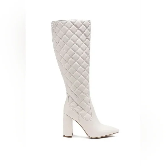 White Quilt Knee High Block Heeled  Boots - Picture 3 of 5